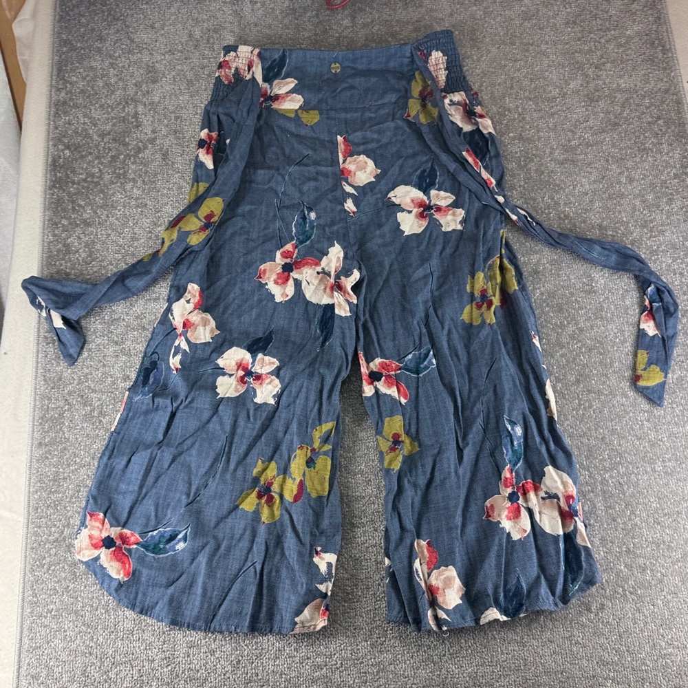 Rip Curl Floral Wide Leg High Rise Culotte Pants Blue Boho Beach Womens M Belted - Picture 9 of 9